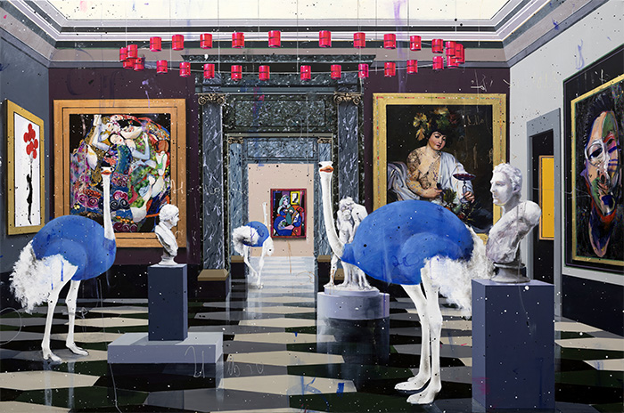 angelo-accardi-blue-ostriches-visiting-museum